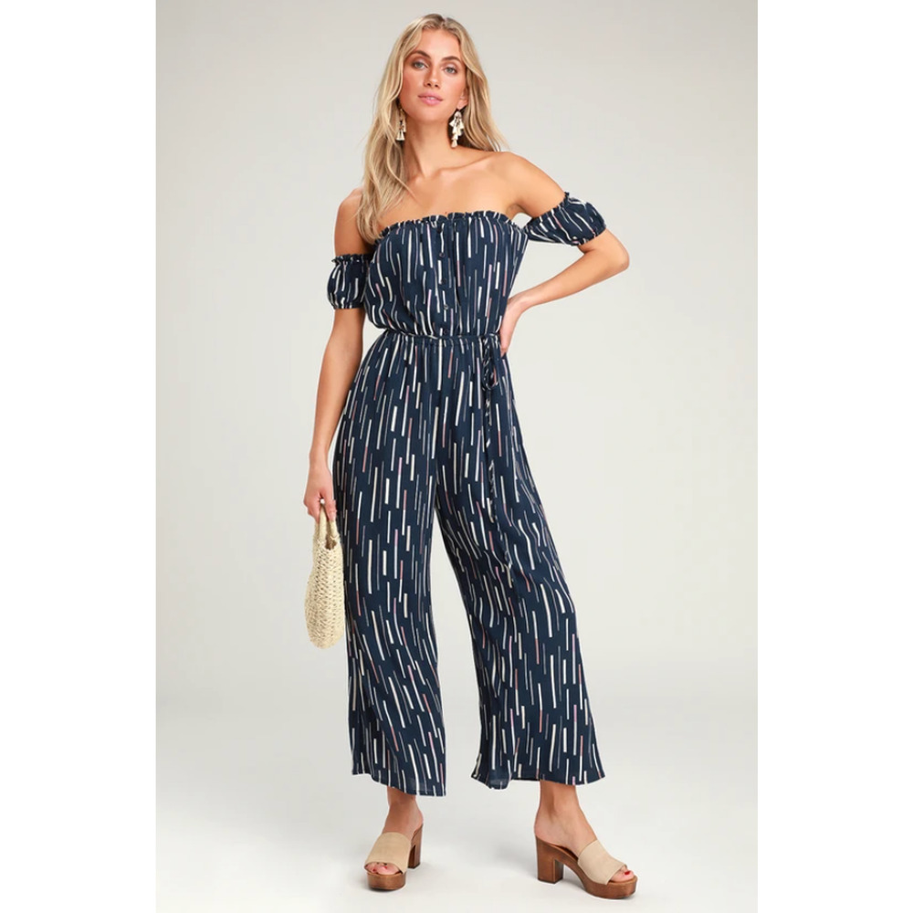 LuLu's True Radiance Navy Blue Multi Print Off the Shoulder Jumpsuit Size Small